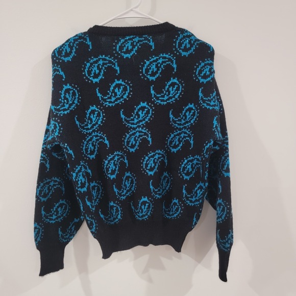 Vintage Womens Sweater Size Medium Paisley Black Blue Metallic 80S 90S Knit - Picture 2 of 6